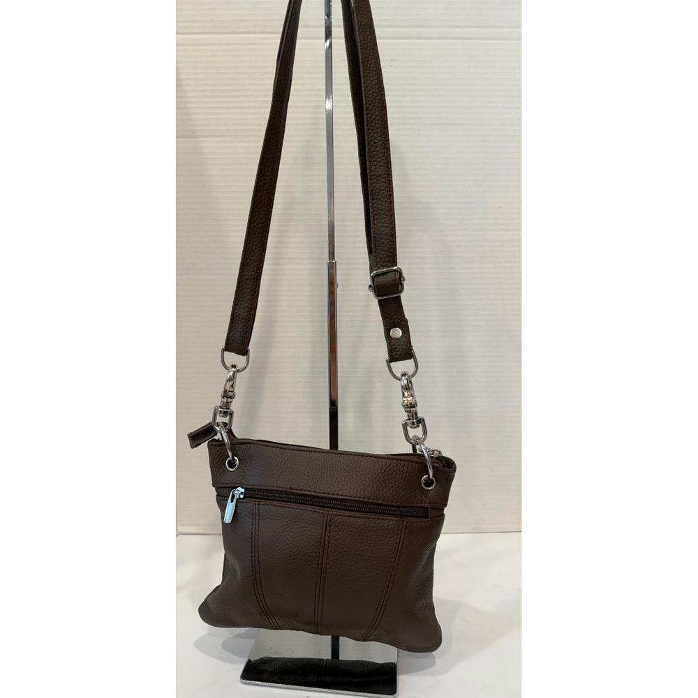 Brown Leather Small Multi-Pocket Pebbled Crossbody Organizer Bag Purse - Picture 4 of 11